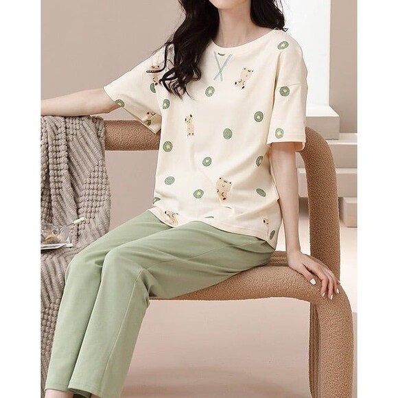 100% Cotton Women Pajama Set 2Pcs Short Sleeve Pullover Top Sleepwear Soft - Picture 7 of 8